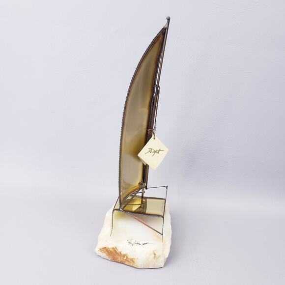 Vintage 70s DeMott Brass Sailboat Sculpture Signed Brass Sail Boat/Gem Rock Base - Picture 5 of 10